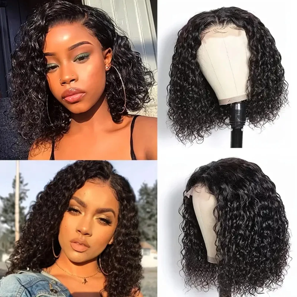 Peruca Curly Bob com cabelo do bebê, cabelo humano, onda profunda, fechamento de renda, perucas dianteiras, pré arrancadas, densidade a 180%, 13x4