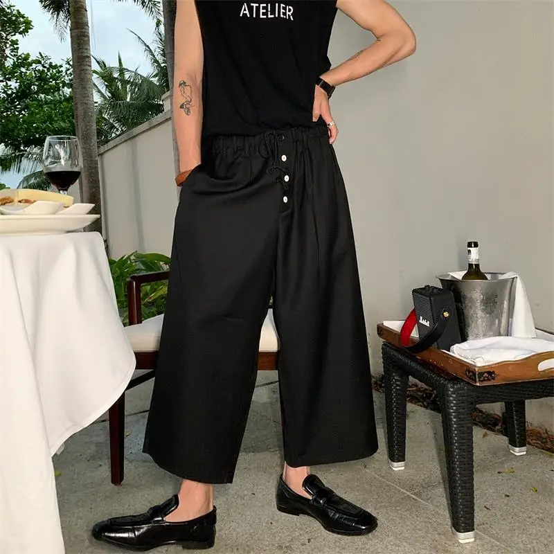 Men's Wide Leg Pants Spring And Autumn New Fashion Stylist Personality Buttons Decorated Stretch Waist Casual Plus-Size Pants