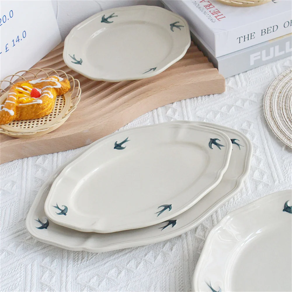 Hand-painted Relief Plate Steak Swallow Plate Japanese Style Household Tableware Ceramic Disc Egetable Plate Retro Dessert Plate