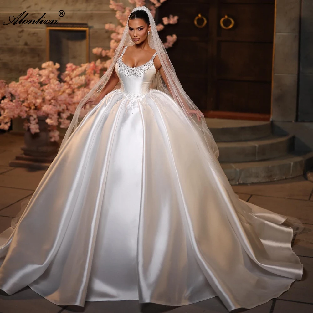 

Alonlivn Luxurious Satin Sleeveless Scoop Ball Gown Wedding Dresses Beaded Pearls And Crystals Spaghetti Straps Bridal Gowns