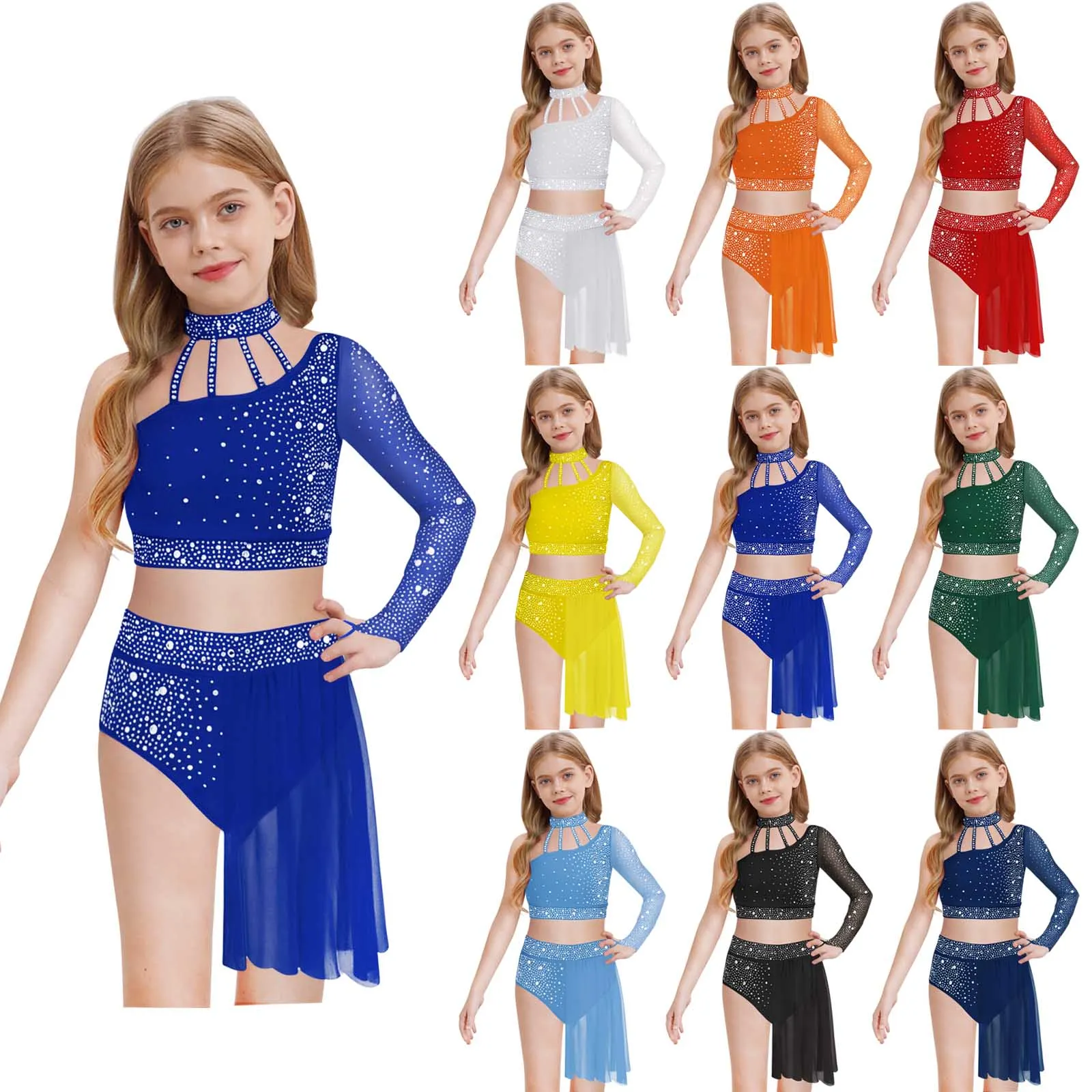 Moderne zeitgenössische Tanzkleidung für Mädchen, lyrisches Tanzkostüm, einschultriges Strass-Crop-Top mit Röcken, Gymnastik-Ballett-Outfits