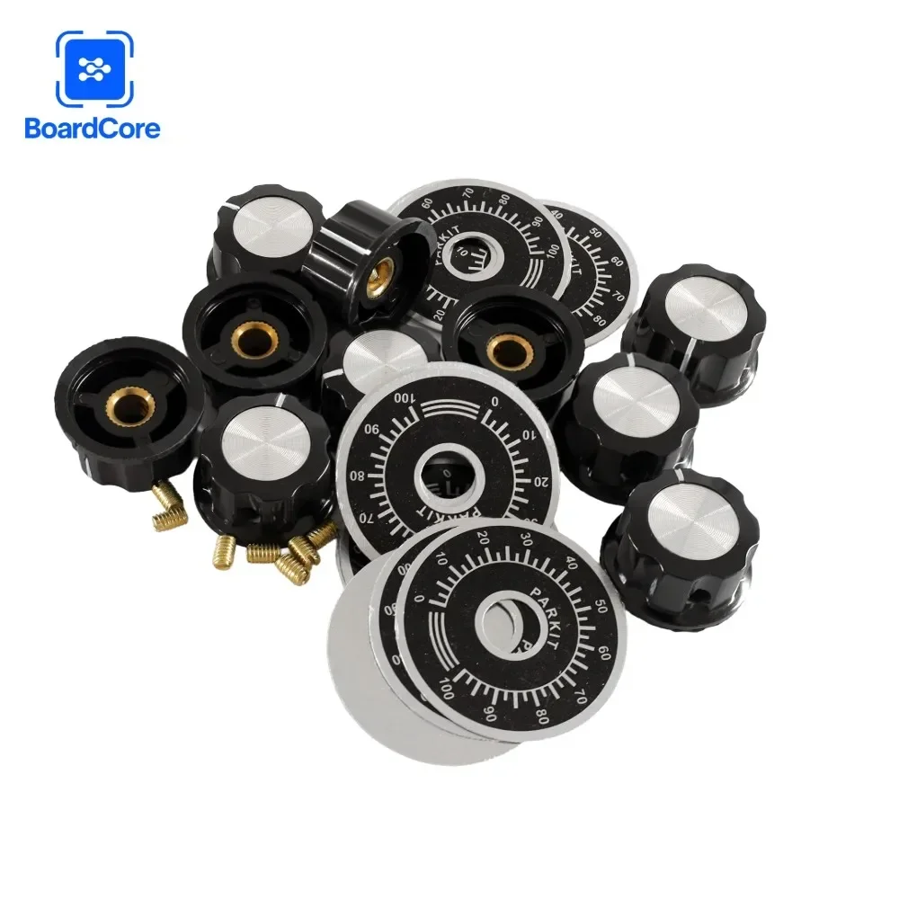 10 Set Potentiometer Knob Kit 6mm MF-A03 Dial Knob + MF-A03 Bakelite Knob With Scale Plate Sheet Scale Digital Potentiometer Set