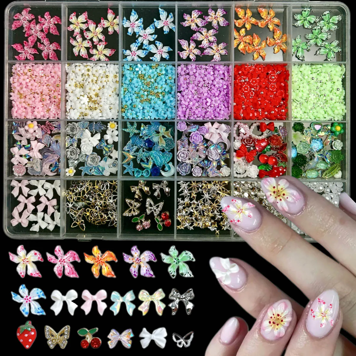 

1Box Transparent Bow Moon Resin Nail Charms Alloy Mini Butterfly Rhinestones Colorful Hawaiian Flower Nail Art Decorations DIY