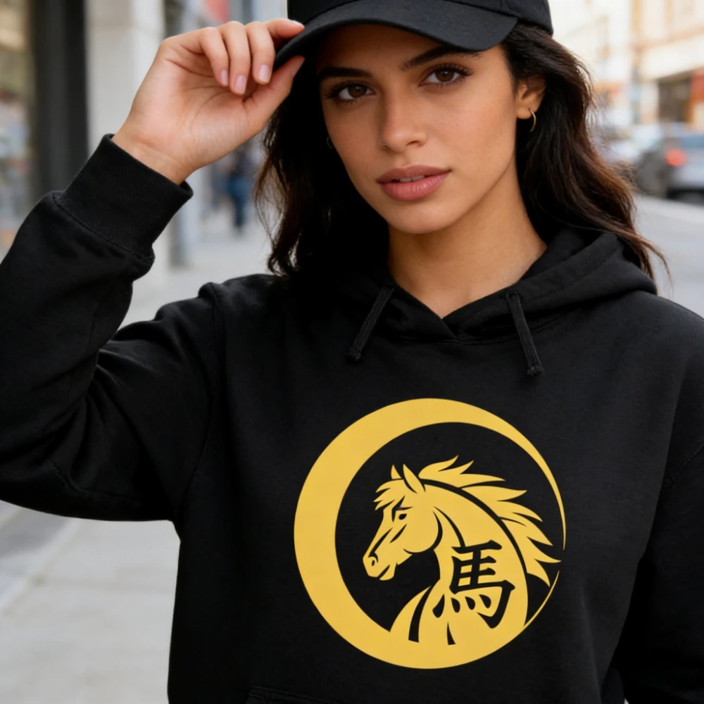 ハッピー中国新年アート服 2026 クレセント馬年プルオーバーパーカーカジュアル男性女性ユニセックスホリデーフェスティバルトップ