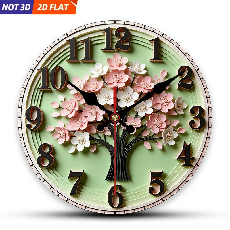 

Настенные часы с изображением цветов вишни, 1 шт., круглые минималистичные деревянные часы, подходят для спальни, гостиной, офисного декора, на батарейках (батарейки типа АА)
