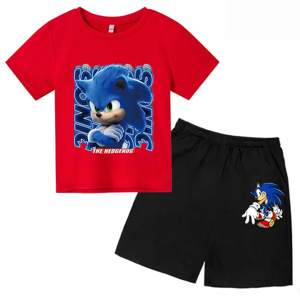 New Summer Short Sleeve Children T-Shirt 2 Piece Set Sonic Boys Girls Teenager Casual Kid Tops Tee Shirt+shorts Set Baby Clothes