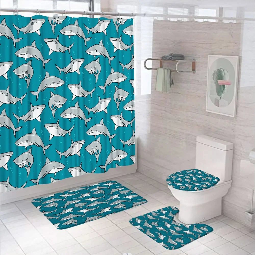 Dolphin Shark Octopus Shower Curtain Set Funny Ocean Animal Fish Fabric Bathroom Curtains Non-Slip Bath Mat Rug Lid Toilet Cover