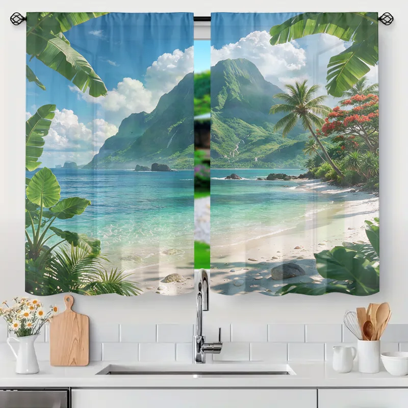 Tropical Beach Paradise Curtains Ocean View Window Drapery Coastal Seaside Scene Home Decor Curtain Rod Window Treatment Semi Sh