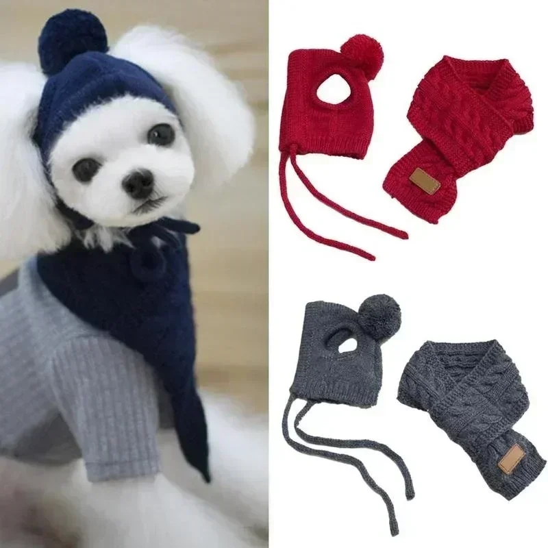 Hat for Dogs Winter Warm Stripes Knitted Hat+Scarf Collar Puppy Teddy Costume Christmas Clothes Santa Dog Costumes Cap Pet Scarf