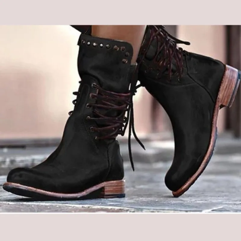 Retro Damen Mittelhohe Stiefel Western Cowboy Motorrad Stiefel mit Mittelhohem Absatz Britischer Römerstil Damen PU-Leder Ritterstiefel – Detail 3