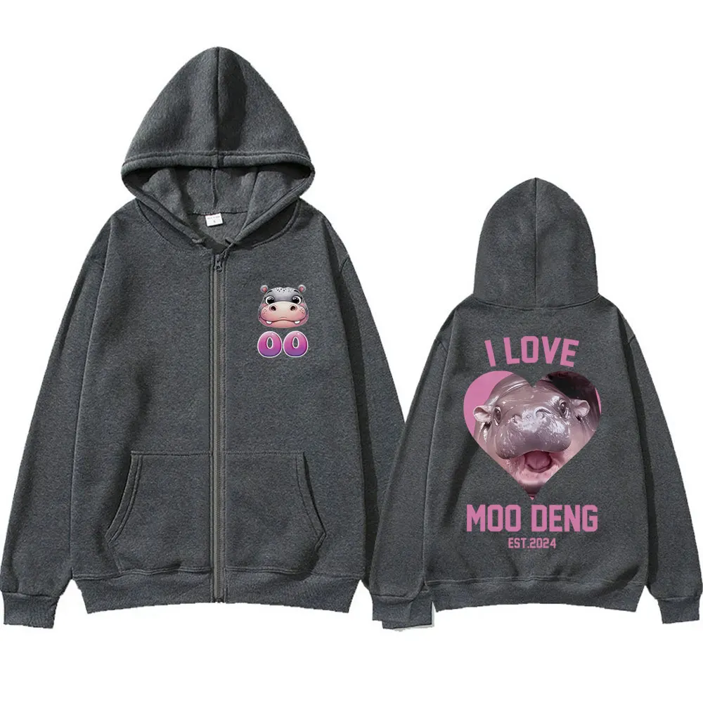 I Love Moo Deng Hoodie ritsleting lucu gambar kuda nil bayi Hoodie ritsleting pria wanita katun ukuran besar mode kasual ritsleting