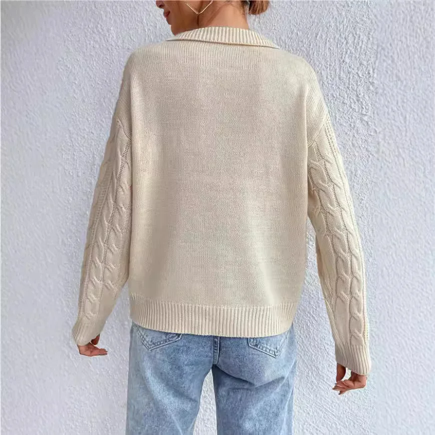 Pull Hiver Femme Lapel V-neck Pullover Autumn Winter Women's New Versatile Ribbed Knitted Sweater Solid Color Top Ladies Clothes