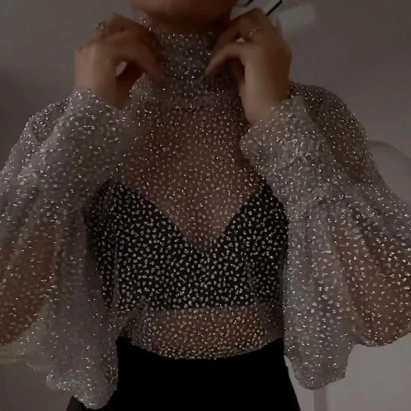 Chemisier à col roulé à manches longues avec paillettes, haut basique, chemises assorties, mode de fête, printemps, automne, nouveau, 2024