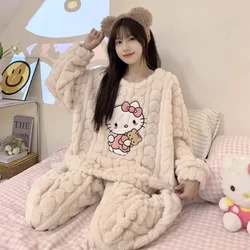 Hello Kitty coral fleece pajamas women's winter new thickened warm cute cartoon Sanrio round neck loungewear suit