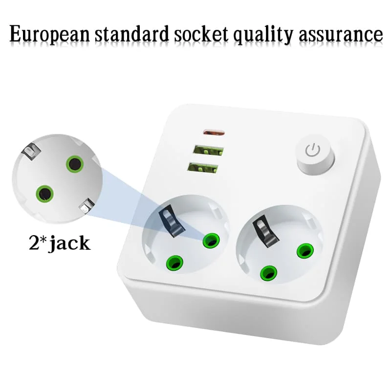 EU Plug Outlet 2 Sockets Multitap Wall Power Strip Electrical Socket No Extension Cord with 2 USB 1 Type-C Ports 2500W MAX Power