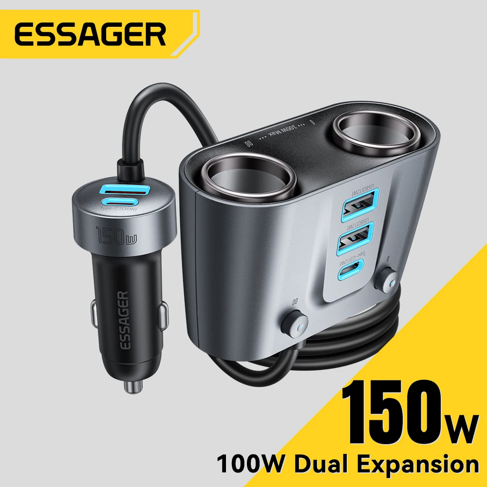 מטען רכב עם 2 שקעי USB-C, שקע מצית כפול ו-5 יציאות, טעינה מהירה