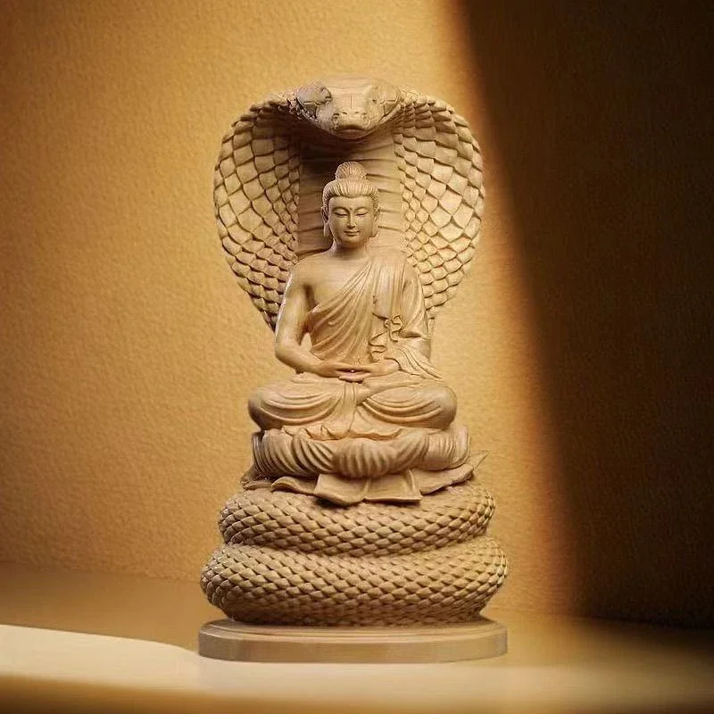 wood carving Shakyamuni Buddha Snake Buddha Statue- Founder of Buddhism，  Home Room Office Mindful Present for Buddhist Friends
