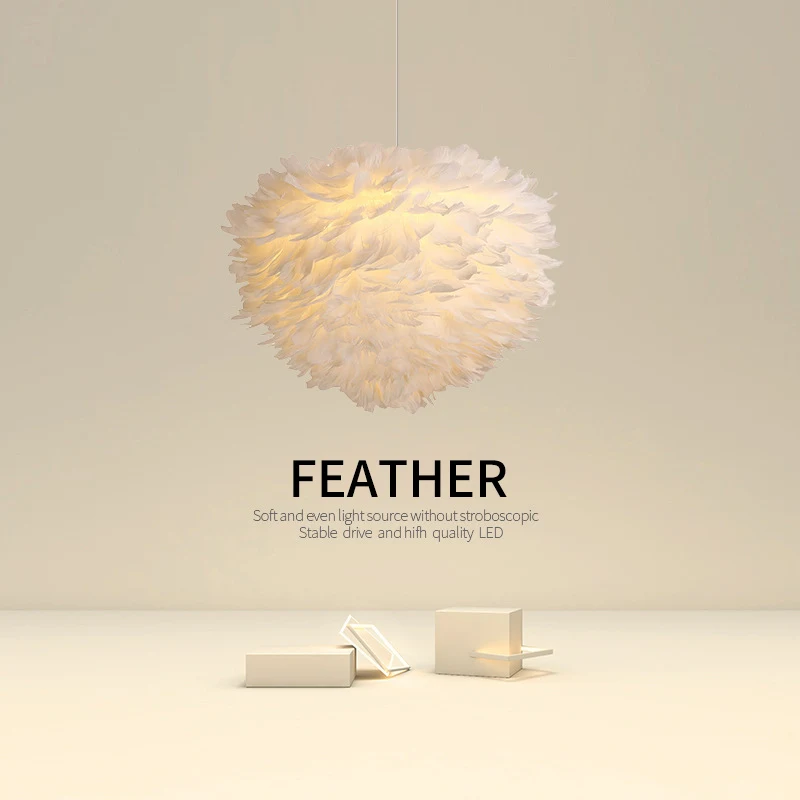 Nordic Pendant Light Bulb, Bedroom Pendant Light, Modern Minimalist Creative White Feather Living Room Home Decoration Lighting