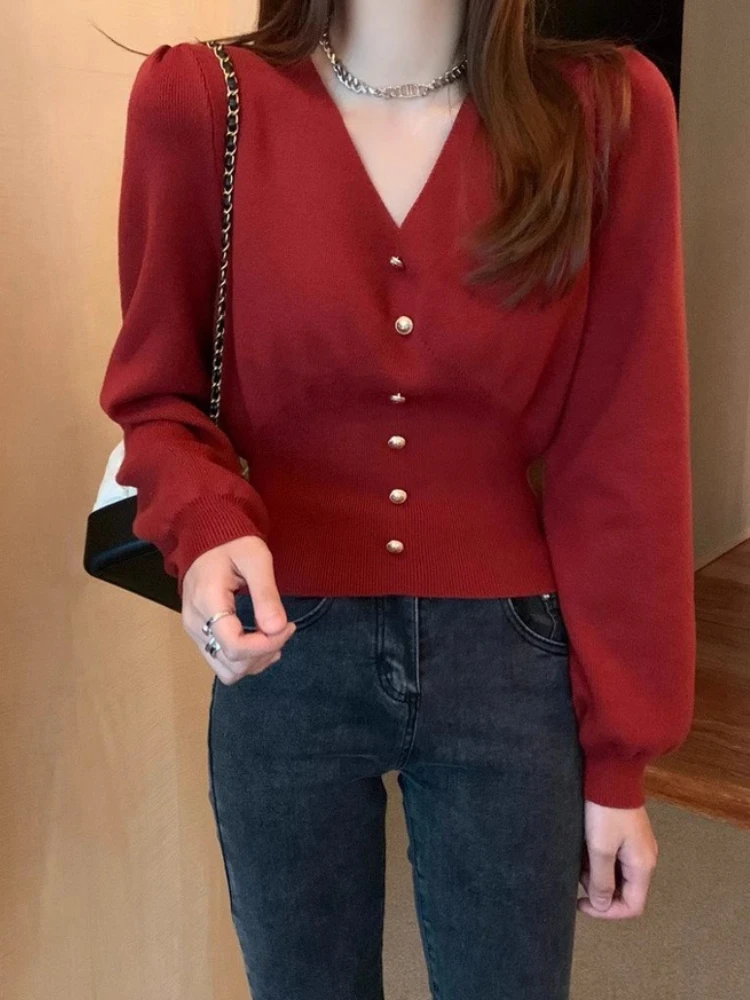 

Hikigawa Chic Fashion Women's Autumn Winter New Red V-Neck Knitted Sweater Slim Fit All Match Short Pullovers Tosp Mujer