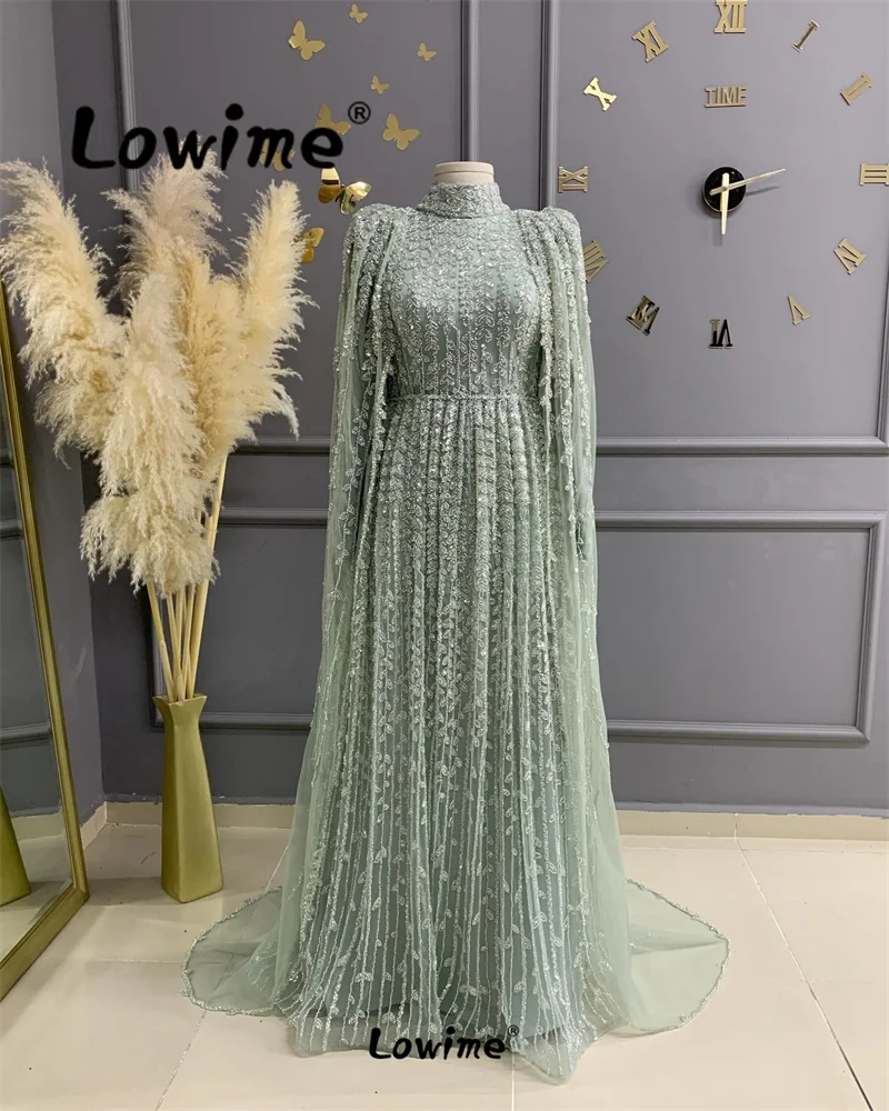 2024 Couture Muslim Formal Mint Green Long Sleeves Arabic Evening Dress Elegant A Line Prom Dresses Cape Party Gowns Customized