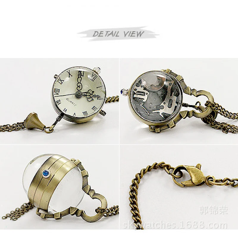 Crystal Spherical Transparent Pocket Watch Roman Digital Hollow Carved Creative Cute Necklace Watch Goddess Matching Decorations