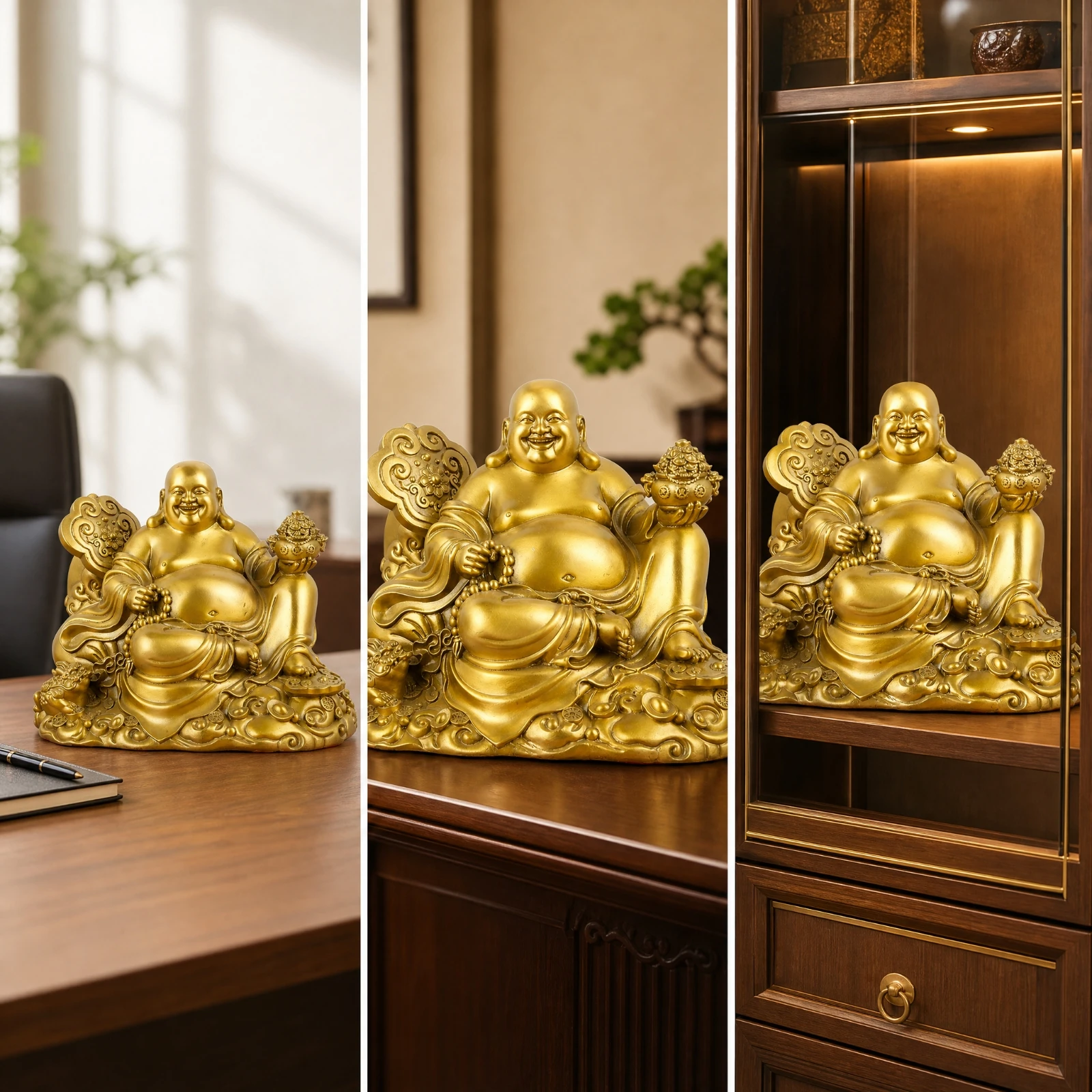Copper Laughing Buddha Decorative Statue Traditional Chinese-Style Laughing Buddha Statue with Ornate Base Sculpture Wealth