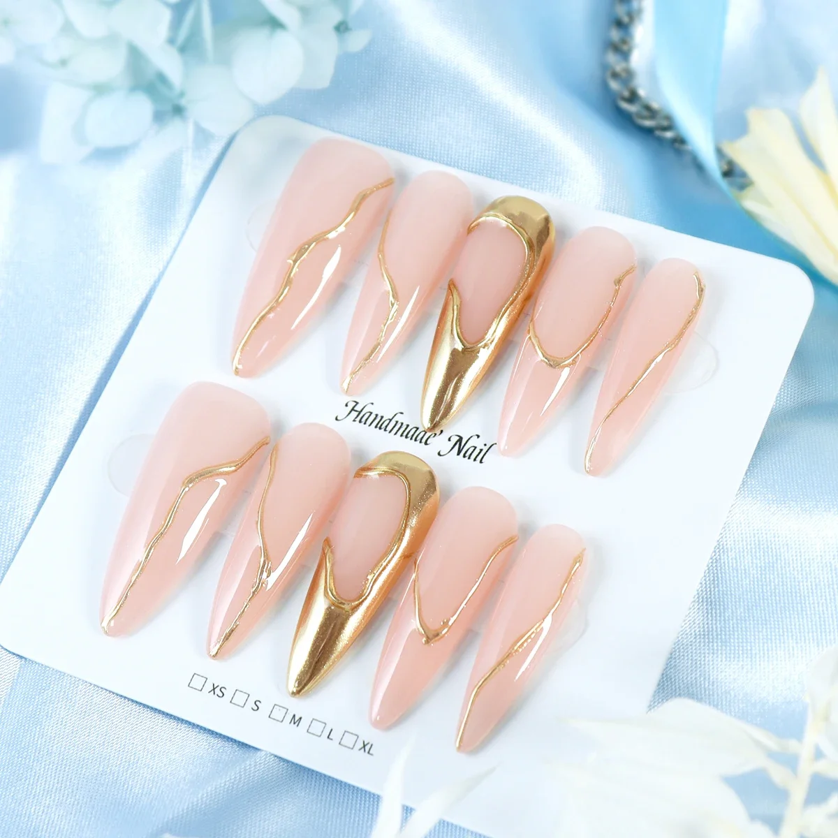 10pcs Handmade Press-On False Nails 3D Hand Painted Metallic Finish Design Luxury Reusable Full Coverage Press On Acrylic Nails