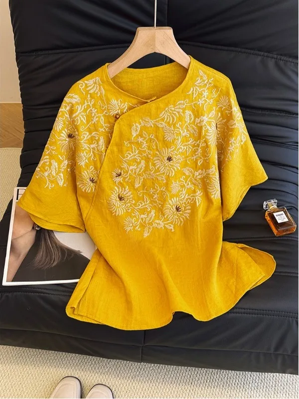 Nieuwe Chinese Sle Zware Borduren Vlas irt Grote Maat vrouwen Schuine Revers ronde Ne ort Sve Losse Veelzijdige Top Su...