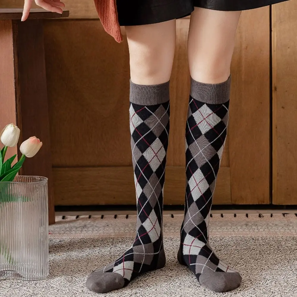 

Plaid Stripe Check Socks Streetwear Elastic Knee High Stockings Academic Atmosphere Hosiery British Style Long Socks Student