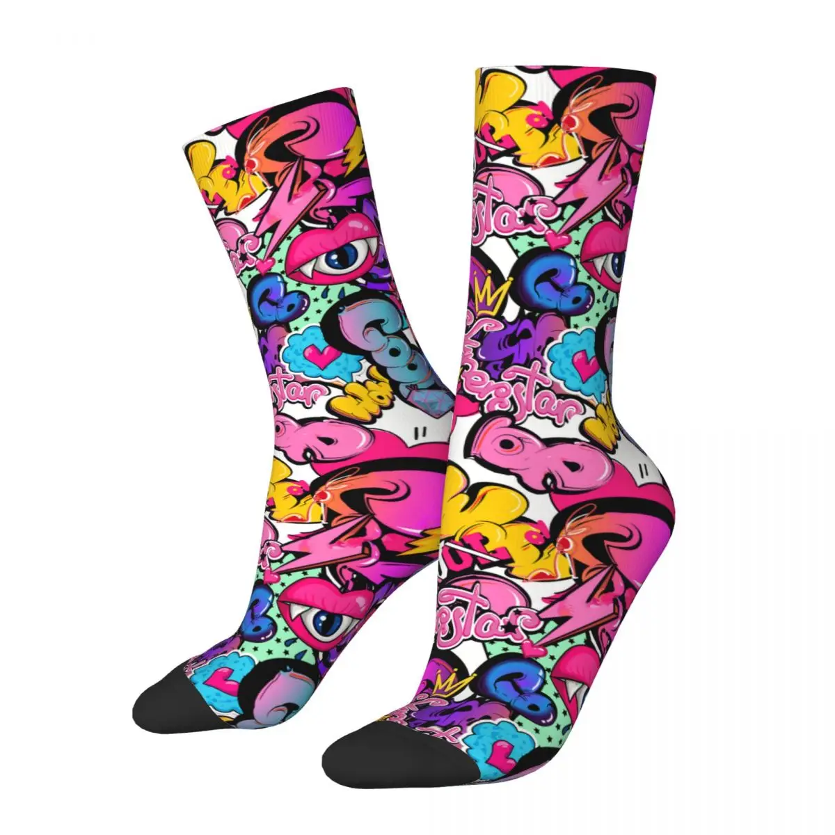 Crazy Sock for Men Graffiti Text Comics Sign Elements Hip Hop Graffiti Art Pattern Printed Crew Sock Casual Gift