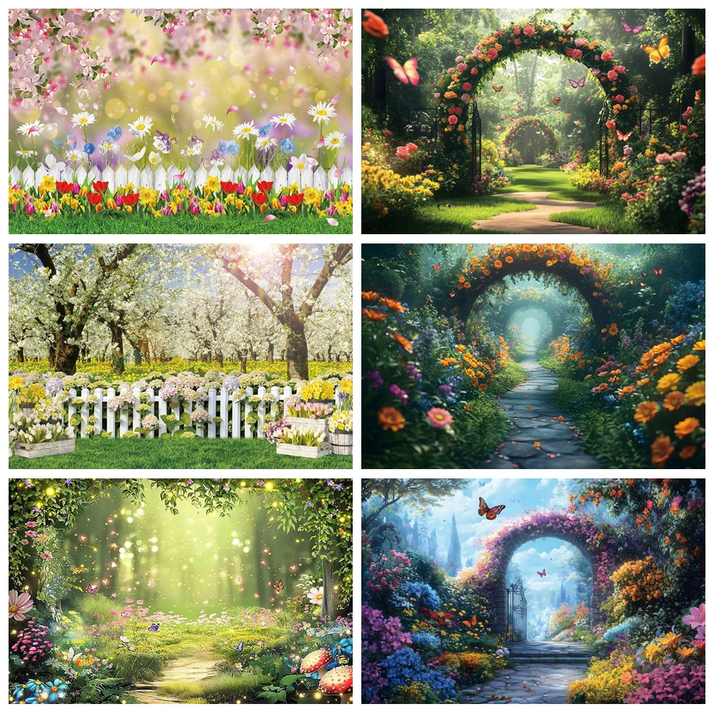 

Spring Enchanted Fairytale Forest Backdrop Wonderland Garden Flower Butterfly Arch Baby Birthday Wedding Photography Background