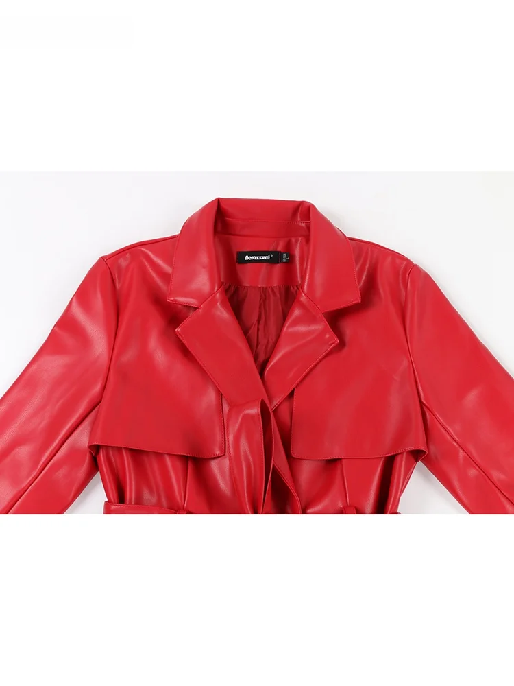 Nerazzurri Autumn PU Leather Coat Women's Sle Belted Slimming Red Outerwear Long Windbreaker Fem Faion Commute Windbre...