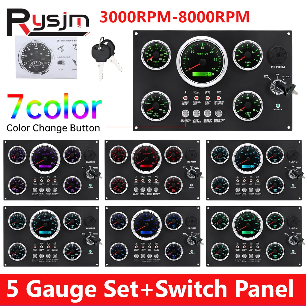 12V Switch Panel with Tachometer+Fuel Gauge+voltmeter+Water Temp++Oil Press Gauge 5 Gauges Set 7 Colors Backlight for Boat Car 