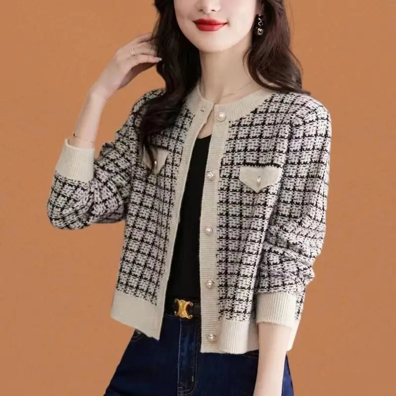 Women Korean Style Plaid Beaded Chic Elegant Single Breasted Sweater Cardigan Autumn Winter Trendy Y2K Long Sleeve Knitted Coats