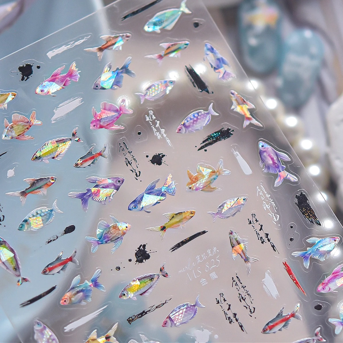 

Funny Tropical Fish Chinese Ink Painting Summer Ocean Sea Shell Conch Shiny Goldfish Bubble Koi Dreamy Nail Art Stickers Decals