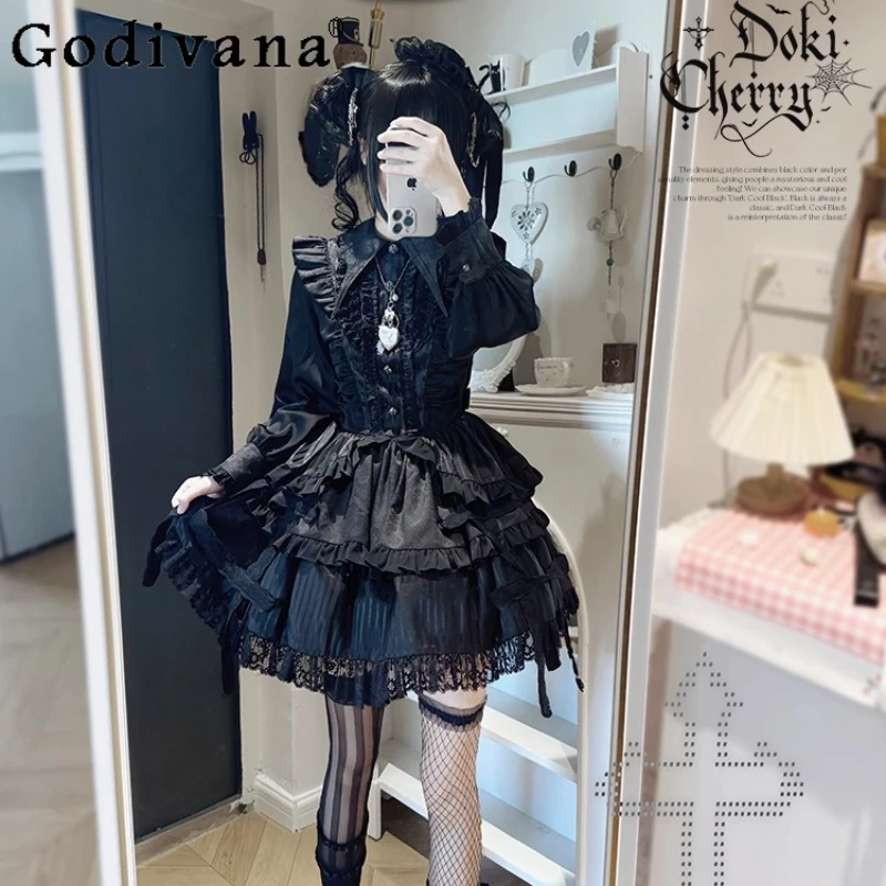 الأصلي ثقافة فرعية الأسود القوطية لوليتا فستان بكم طويل OP ربيع الخريف فتاة جديدة حلوة كول Batwing طوق الدانتيل كوس فستان #1
