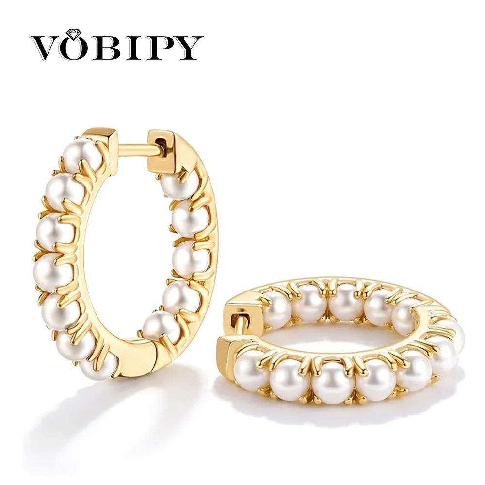 

VOBIPY Pearl Hoop Earrings for Women 14K Gold Pearl Earring Neatly Inlaid With Pearls Huggie Earrings Fine Fashion Jewelry