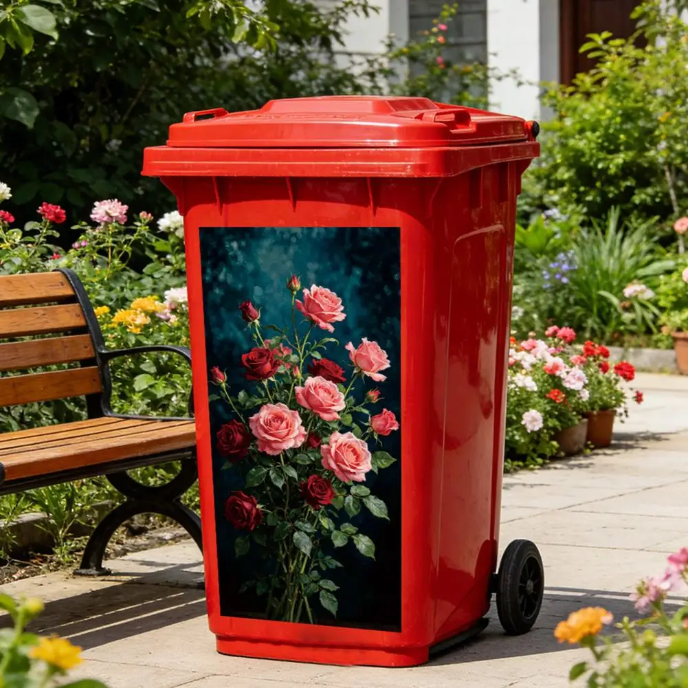 Floral Trash Can Sticker Waterproof Self Adhesive Bin Decals Vintage Flower Pattern Decor for Garbage Can Mailbox Storage Box 95