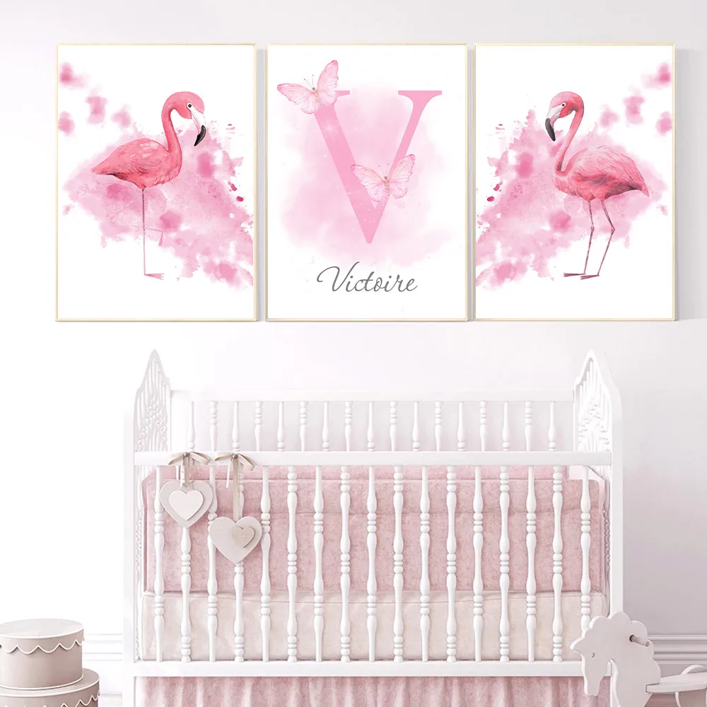 Pink Wall Pictures Flamingo Wall Art Custom Name Canvas Painting Nordic Art Prints Nursery Posters Baby Kids Girls Bedroom Decor