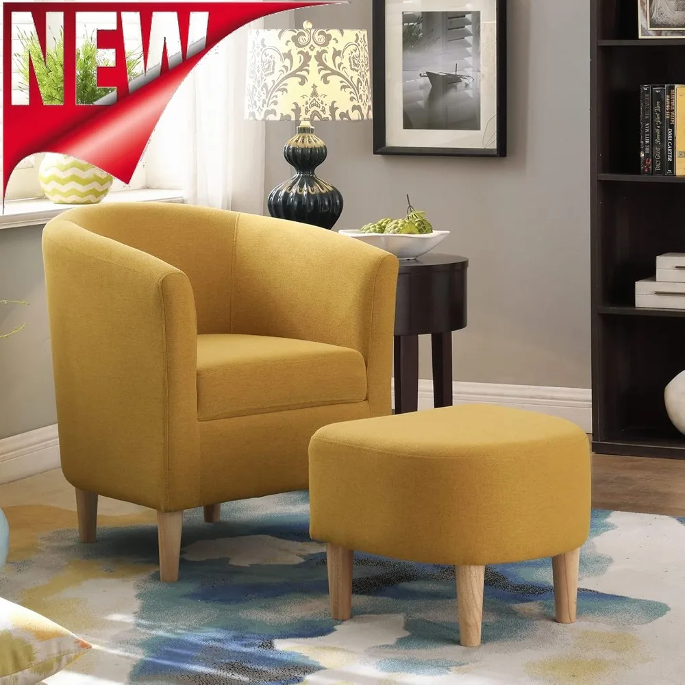 La mejor silla decorativa moderna, sillón tapizado, sofá individual de tela de lino con reposapiés otomano, cómodo brazo amarillo mostaza