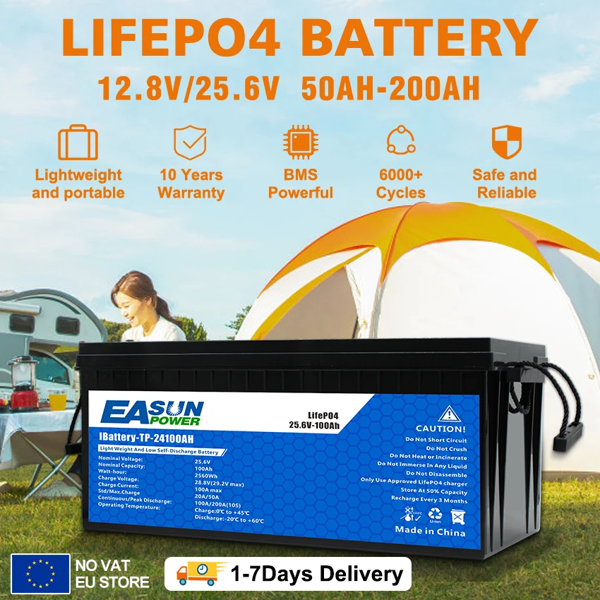 EASUN 12V 24V 100AH 200AH LiFePO4 batterie solaire de qualité Grade A avec batterie au Lithium Rechargeable BMS Stock ue