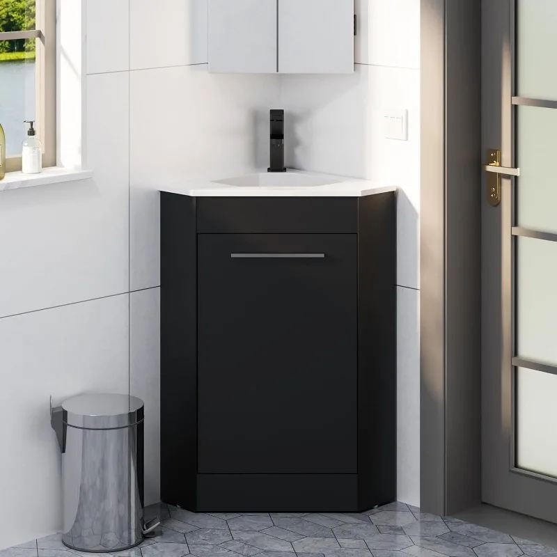 Combinação de pia de banheiro de canto de 26 "para espaço pequeno Armário de armazenamento autônomo com pia de resina branca e preto fosco