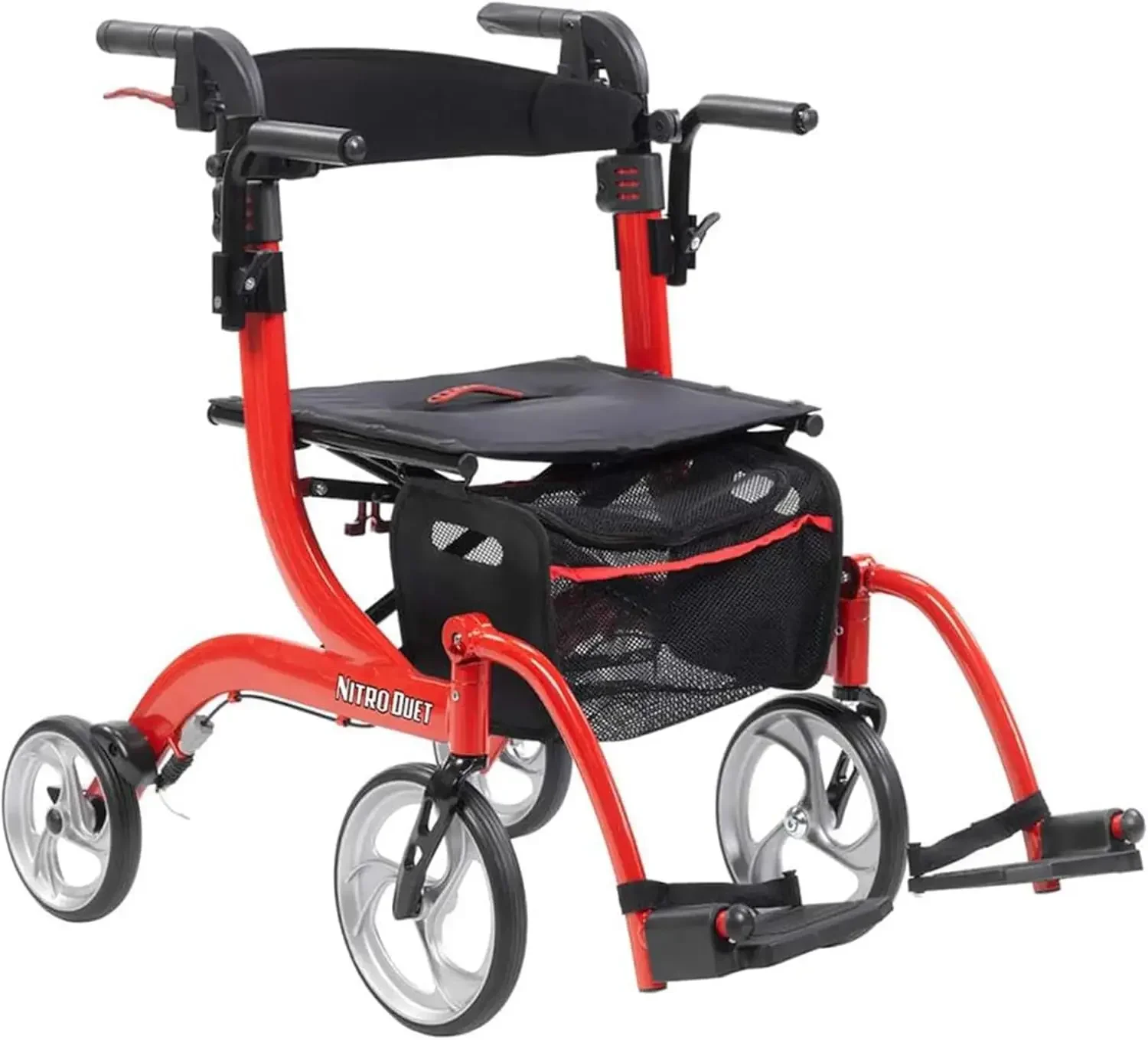 Dual Function Transport Wheelchair and Rollator Rolling Walker Combo with Hand Activated Brakes and Back Support, Red