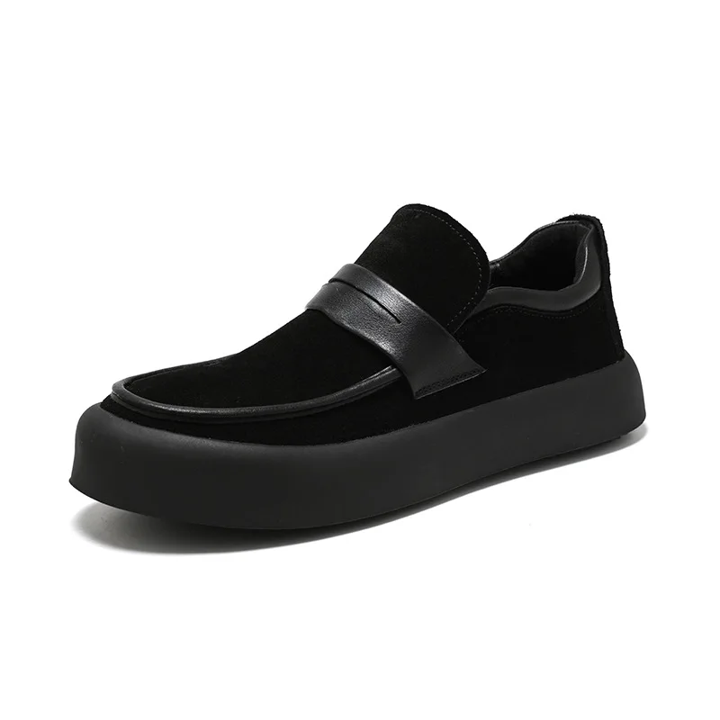 men's casual cow suede leather shoes black trend slip-on flats shoe breathable platform loafers party prom dress youth footwear