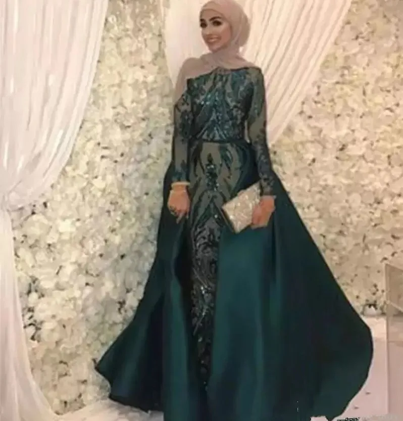 Dubai-Vestidos De encaje De manga larga para baile De graduación, traje De Noche Formal árabe musulmán con lentejuelas, desmontable