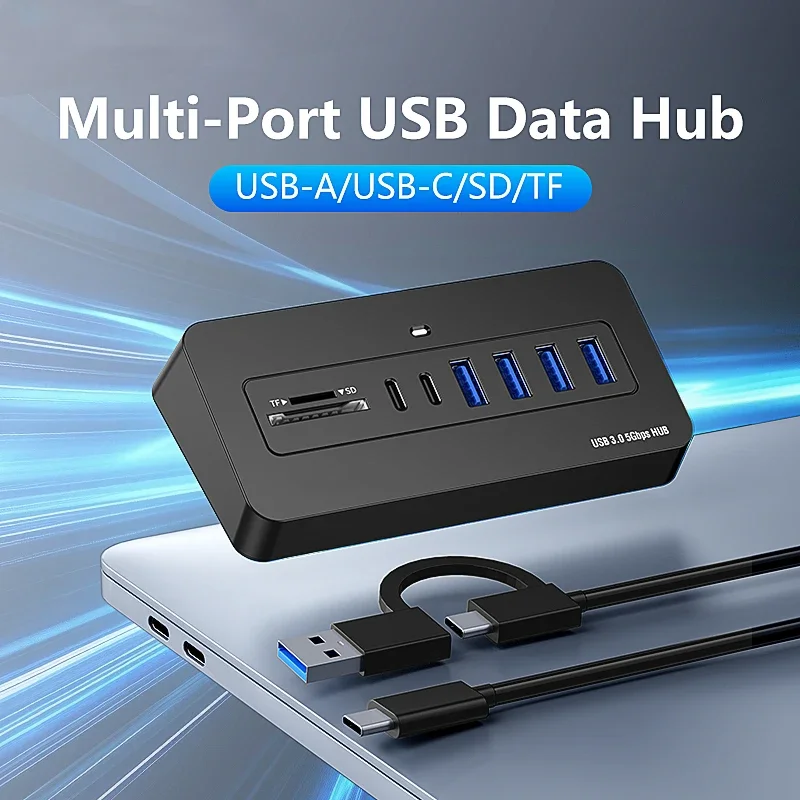 Multi-Port USB-C Hub Docking Station 5Gbps USB3.0 Splitter 7/8-Port  2-in-1 Cable 5V External Power For Laptop PC