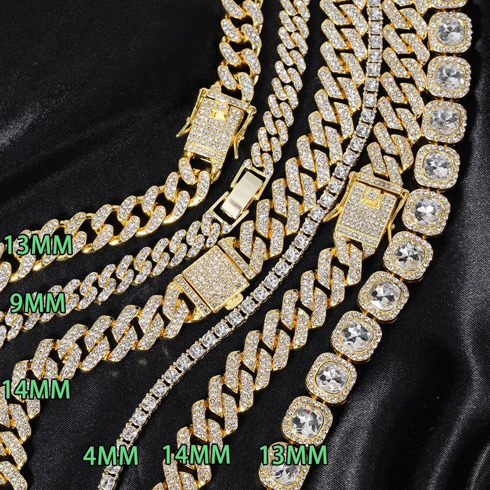 Iced Out Miami Cuban Link Chain Necklace For Men Women Micro Paved CZ Rhinestone Gold Color Hiphop Necklace Jewelry Accessories