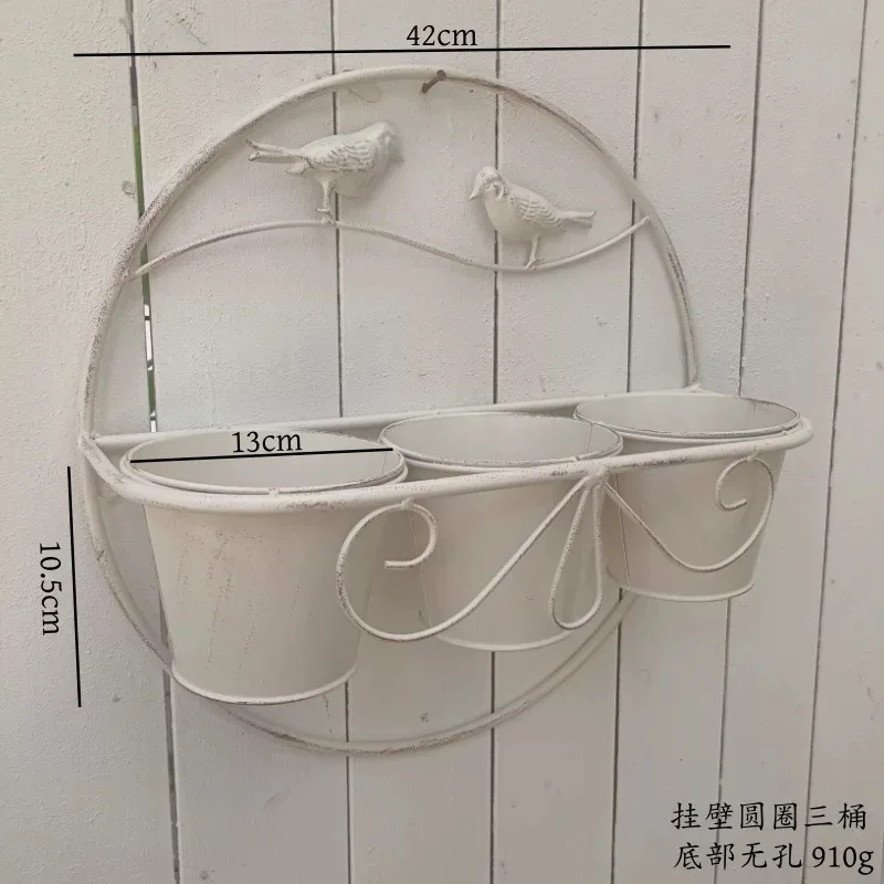 Vintage Wall Mounted Metal Planter with Bird Accents, 3 Bucket Circular Design, Distressed Green or White Finish, 16.5x10.5 Inch