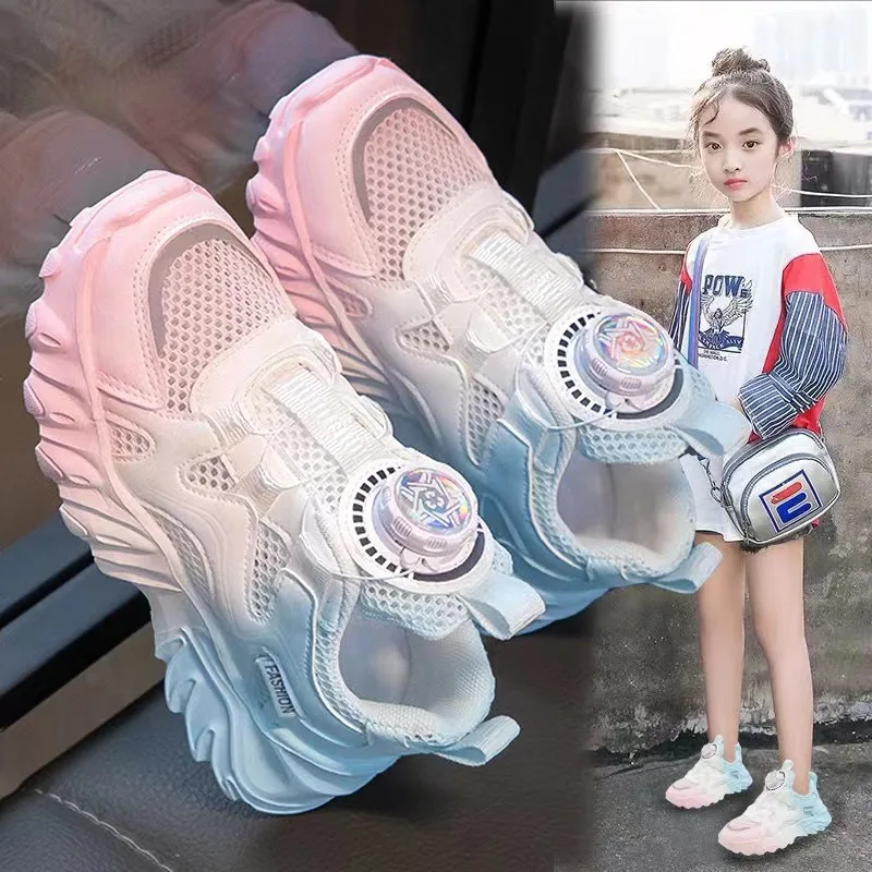 Children Sports Shoes for Girls Colorful Fashoin Sneakers 2024 Spring/summer Kids White Shoes Rotating Button Mesh Running Shoes