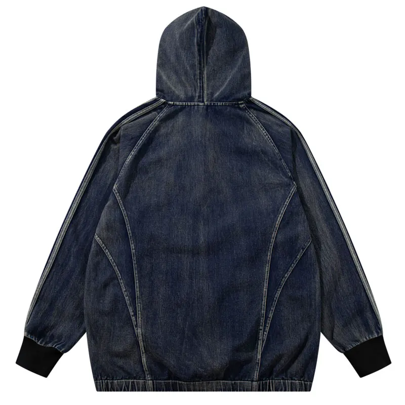 Vintage  Denim Hoodie Jacket Y2K Embroidered Half Zip Up Oversized Hooded Jean Sweatshirt Coat Streetwear Hip Hop Baggy Pullover